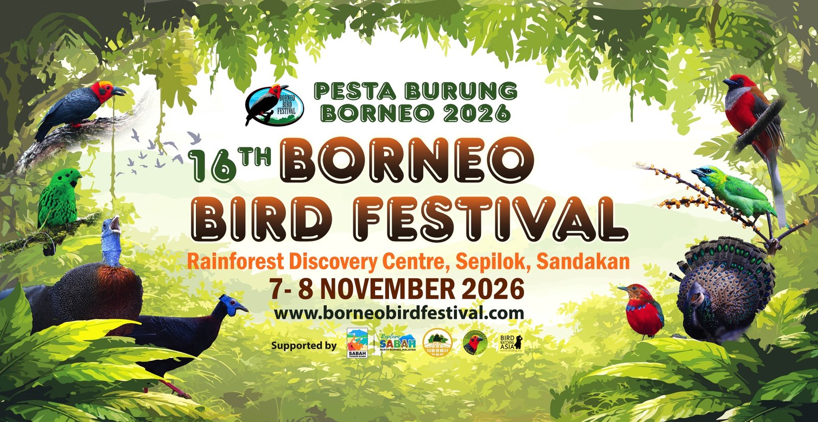 16th Borneo Bird Festival poster, 7 to 8 November 2026, Rainforest Discovery Centre, Sepilok, Sandakan